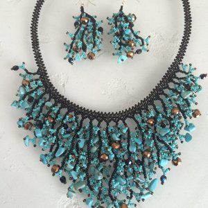 Chandelier Beaded Necklace & Earrings TURQUOISE & BLACK